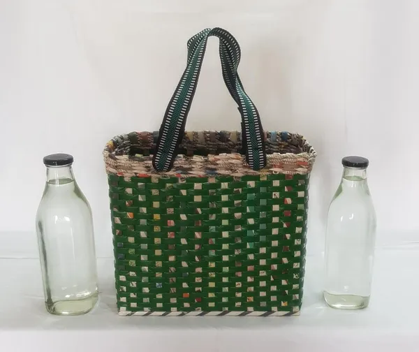 Sonas_Creation_PAPERUS_Re-usable_Small_Green_Check_Carry_Bag_|_Shopping_Bag_|_Handbag_|_Tiffin_Basket_|_Lunch_Bag,_Eco-Friendly_Handmade_of_Paper_Ropes_11_in_Tall_10_in_Length_5_in_Wide_Base