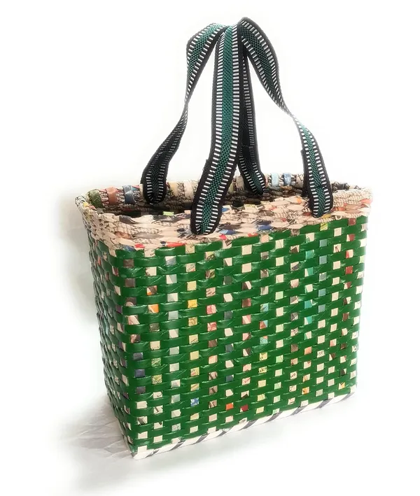 Sonas_Creation_PAPERUS_Re-usable_Small_Green_Check_Carry_Bag_|_Shopping_Bag_|_Handbag_|_Tiffin_Basket_|_Lunch_Bag,_Eco-Friendly_Handmade_of_Paper_Ropes_11_in_Tall_10_in_Length_5_in_Wide_Base