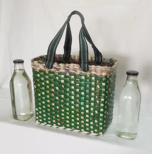 Sonas_Creation_PAPERUS_Re-usable_Small_Green_Check_Carry_Bag_|_Shopping_Bag_|_Handbag_|_Tiffin_Basket_|_Lunch_Bag,_Eco-Friendly_Handmade_of_Paper_Ropes_11_in_Tall_10_in_Length_5_in_Wide_Base