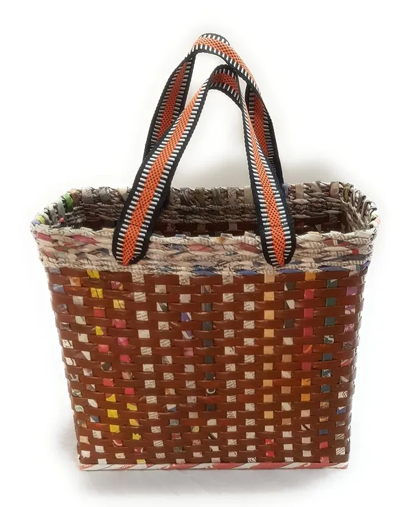 Sonas_Creation_PAPERUS_Re-usable_Small_Brown_Check_Carry_Bag_|_Shopping_Bag_|_Handbag_|_Tiffin_Basket_|_Lunch_Bag,_Eco-Friendly_Handmade_of_Paper_Ropes_11_in_Tall_10_in_Length_5_in_Wide_Base