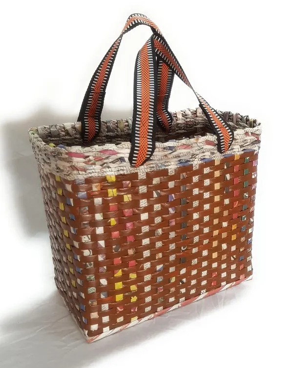 Sonas_Creation_PAPERUS_Re-usable_Small_Brown_Check_Carry_Bag_|_Shopping_Bag_|_Handbag_|_Tiffin_Basket_|_Lunch_Bag,_Eco-Friendly_Handmade_of_Paper_Ropes_11_in_Tall_10_in_Length_5_in_Wide_Base