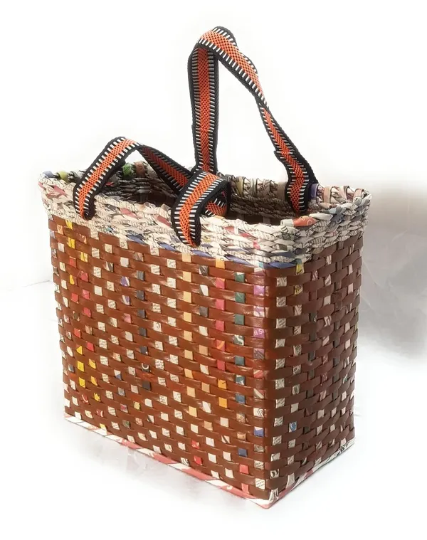 Sonas_Creation_PAPERUS_Re-usable_Small_Brown_Check_Carry_Bag_|_Shopping_Bag_|_Handbag_|_Tiffin_Basket_|_Lunch_Bag,_Eco-Friendly_Handmade_of_Paper_Ropes_11_in_Tall_10_in_Length_5_in_Wide_Base