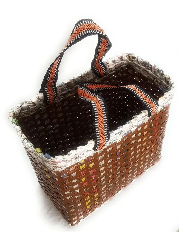 Sonas_Creation_PAPERUS_Re-usable_Small_Brown_Check_Carry_Bag_|_Shopping_Bag_|_Handbag_|_Tiffin_Basket_|_Lunch_Bag,_Eco-Friendly_Handmade_of_Paper_Ropes_11_in_Tall_10_in_Length_5_in_Wide_Base