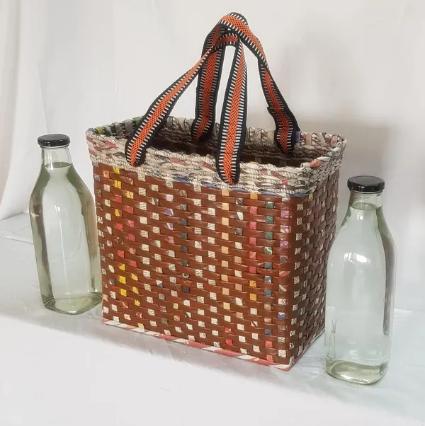 Sonas_Creation_PAPERUS_Re-usable_Small_Brown_Check_Carry_Bag_|_Shopping_Bag_|_Handbag_|_Tiffin_Basket_|_Lunch_Bag,_Eco-Friendly_Handmade_of_Paper_Ropes_11_in_Tall_10_in_Length_5_in_Wide_Base