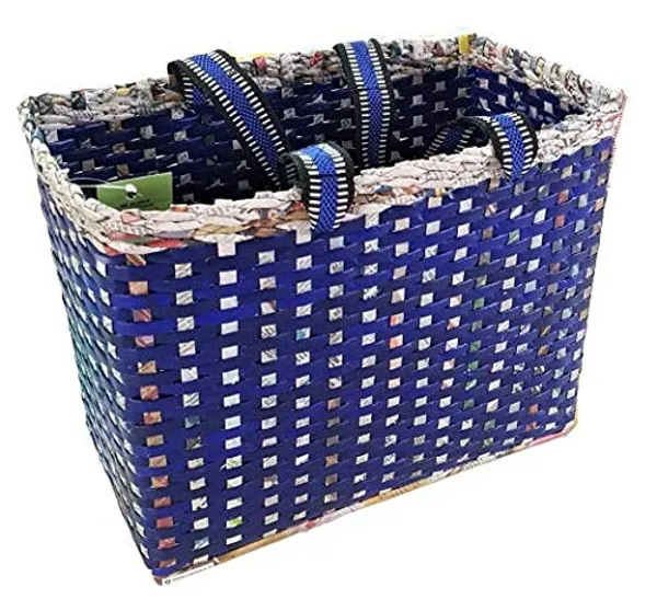 Sonas_Creation_Paperus_Re-usable_Small_Blue_Check_Tote,_Carry_Bag,_Shopping_Bag,_Handbag,_Tiffin_Basket,_Lunch_Bag,_Eco-friendly_Handmade_of_Paper_Ropes_11_In_Tall_10_In_Length_5_In_Wide_Base