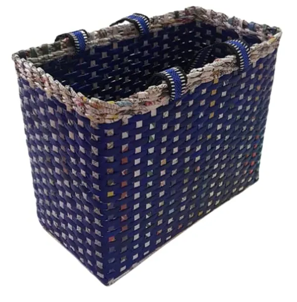 Sonas_Creation_Paperus_Re-usable_Small_Blue_Check_Tote,_Carry_Bag,_Shopping_Bag,_Handbag,_Tiffin_Basket,_Lunch_Bag,_Eco-friendly_Handmade_of_Paper_Ropes_11_In_Tall_10_In_Length_5_In_Wide_Base