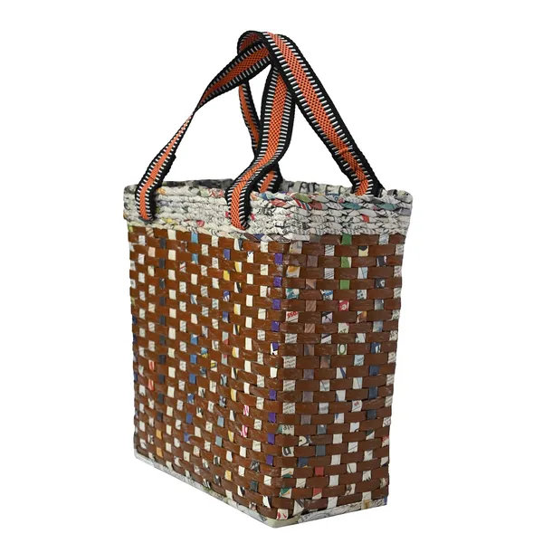 _PAPERUS_Re-usable_Small_Brown_Check_Carry_Bag_|_Shopping_Bag_|_Handbag_|_Tiffin_Basket_|_Lunch_Bag,_Eco-Friendly_Handmade_of_Paper_Ropes_11_in_Tall_10_in_Length_5_in_Wide_Base