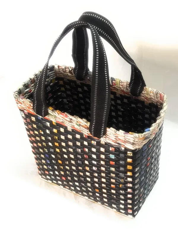 _Paperus,_Medium,_Black_Check,_Lunch_Bag,_Tiffin_Basket_for_Office,_Handbag,_Carry_Bag,_Travel_Bag,_Eco-Friendly,_Handmade,_of_Paper_Ropes,_in_Inches_11_Height,_12_Length_&_6_Wide_Base