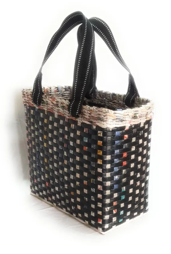 _Paperus,_Medium,_Black_Check,_Lunch_Bag,_Tiffin_Basket_for_Office,_Handbag,_Carry_Bag,_Travel_Bag,_Eco-Friendly,_Handmade,_of_Paper_Ropes,_in_Inches_11_Height,_12_Length_&_6_Wide_Base
