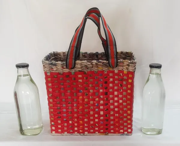 Sonas_Creation_Paperus,_MEDIUM,_Red_Check,_Lunch_Bag,_Picnic_Basket,_Handbag,_Carry_Bag,_Tiffin_Basket_for_Office,_Eco-Friendly,_Handmade,_of_Paper_Ropes,_6"_Wide_Base_11"_Height_12"_Length,_10_Liters