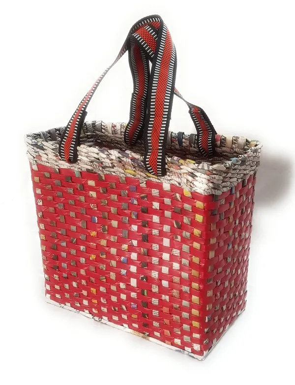 Sonas_Creation_Paperus,_MEDIUM,_Red_Check,_Lunch_Bag,_Picnic_Basket,_Handbag,_Carry_Bag,_Tiffin_Basket_for_Office,_Eco-Friendly,_Handmade,_of_Paper_Ropes,_6"_Wide_Base_11"_Height_12"_Length,_10_Liters