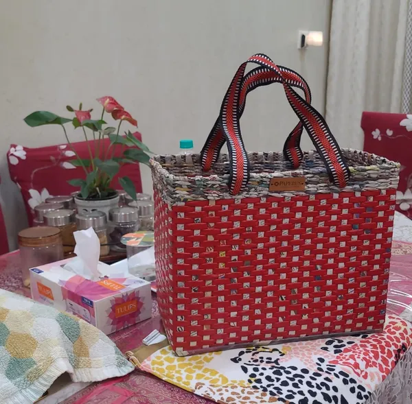 _Paperus,_Large,_Lunch_Bag,_Picnic_Basket,_Carry_Bag,_Handbag,_Tiffin_Basket_for_Office;_Rectangular,_Eco-Friendly,_Handmade,_of_Paper_Ropes,_in_Inch_11_H,_14_L,_7_Wide_Base_Red