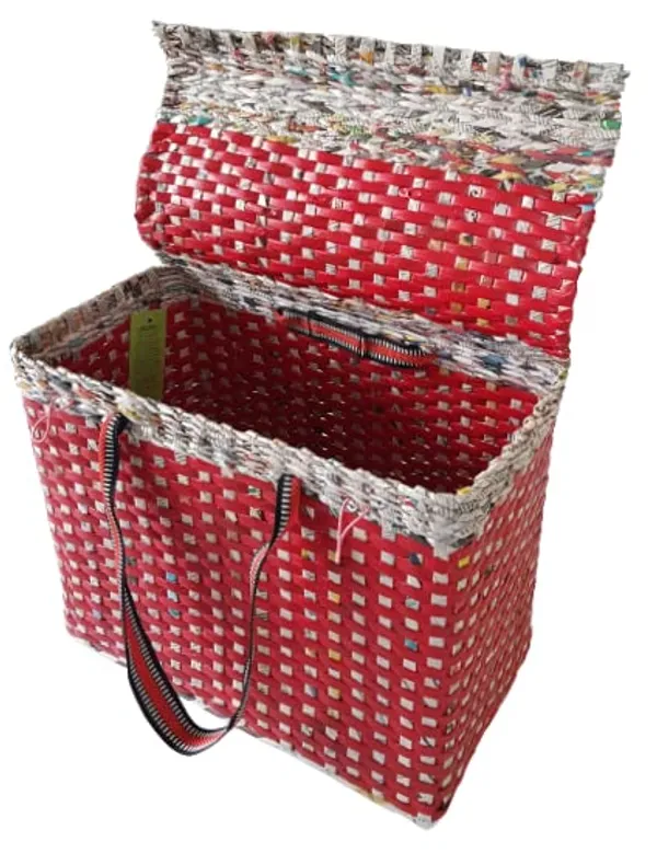 Sonas_Creation_Paperus,_Large,_Lunch_Bag_with_Lid,_Picnic_Basket_with_Cover,_Tiffin_Basket_for_Office,_Travel_Bag,_Eco-Friendly,_Handmade,_of_Paper_Ropes,_in_Inch_Height_11,_Length_14,_Breadth_(Red)