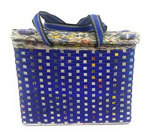 _Paperus,_Large_Lunch_Bag_with_Lid,_Picnic_Basket_with_Cover,_Tiffin_Basket_for_Office,_Travel_Bag,_Eco-Friendly,_Handmade_Size_in_Inches_Height_11_Length_14_Base_7_(Blue)