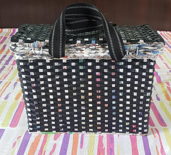 _Paperus,_Extra_Large,_XL,_Black_Check,_Lunch_Bag_with_Lid,_Tiffin_Basket,_Picnic_Basket_with_Cover,_Travel_Bag,_Handbag,_Eco-Friendly,_Handmade_of_Paper_Ropes_12_H_X_15_L_X_8_B_inch