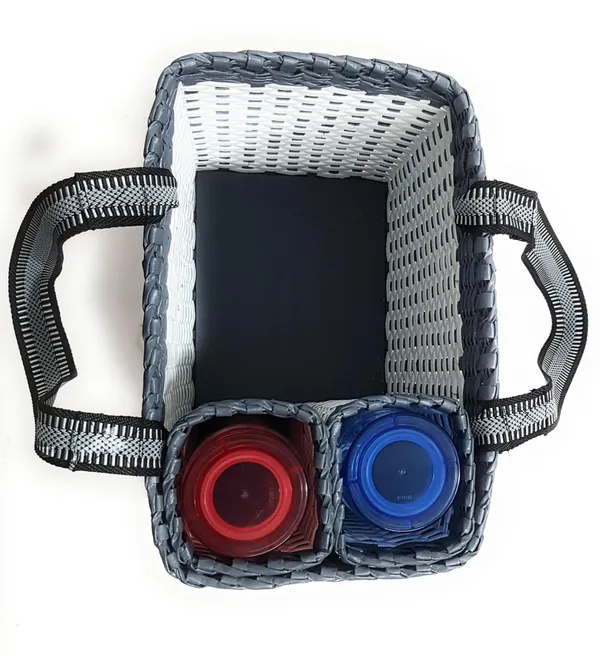 _Paperus,_White_&_Grey,_Large,_Lunch_Bag_with_2_Water_Bottle_Holders,_Picnic_Basket,_Travel_Bag,_Eco-Friendly,_Handmade,_of_Paper_Ropes,_Length_14”,_Height_11”_&_7_Inch_Broad_Base