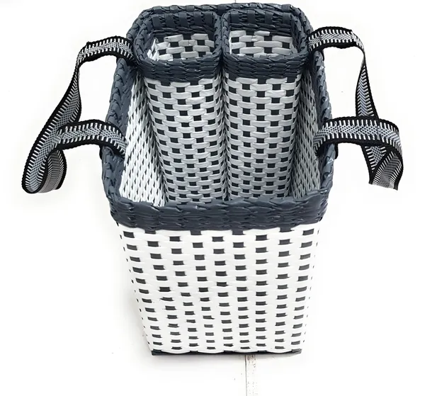 _Paperus,_White_&_Grey,_Large,_Lunch_Bag_with_2_Water_Bottle_Holders,_Picnic_Basket,_Travel_Bag,_Eco-Friendly,_Handmade,_of_Paper_Ropes,_Length_14”,_Height_11”_&_7_Inch_Broad_Base