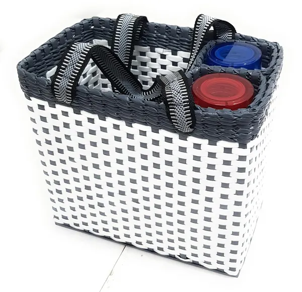 Sonas_Creation_Paperus,_White_&_Grey,_Large,_Lunch_Bag_with_2_Water_Bottle_Holders,_Picnic_Basket,_Travel_Bag,_Eco-Friendly,_Handmade,_of_Paper_Ropes,_Length_14”,_Height_11”_&_7_Inch_Broad_Base