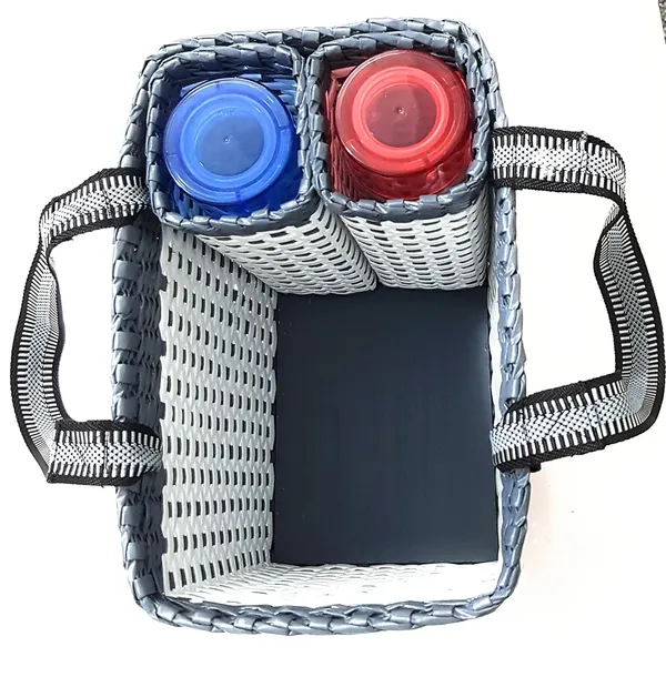 Sonas_Creation_Paperus,_White_&_Grey,_Large,_Lunch_Bag_with_2_Water_Bottle_Holders,_Picnic_Basket,_Travel_Bag,_Eco-Friendly,_Handmade,_of_Paper_Ropes,_Length_14”,_Height_11”_&_7_Inch_Broad_Base