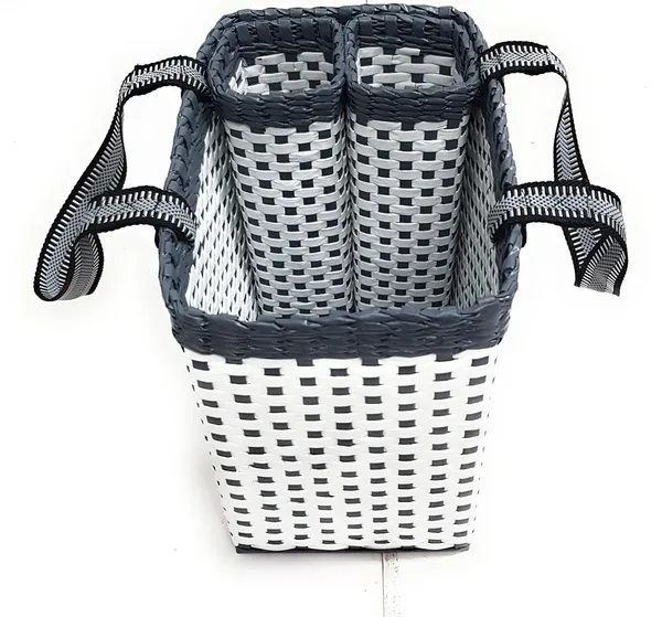 Sonas_Creation_Paperus,_White_&_Grey,_Large,_Lunch_Bag_with_2_Water_Bottle_Holders,_Picnic_Basket,_Travel_Bag,_Eco-Friendly,_Handmade,_of_Paper_Ropes,_Length_14”,_Height_11”_&_7_Inch_Broad_Base