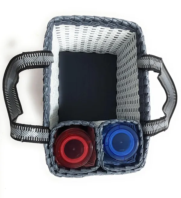 Sonas_Creation_Paperus,_White_&_Grey,_Large,_Lunch_Bag_with_2_Water_Bottle_Holders,_Picnic_Basket,_Travel_Bag,_Eco-Friendly,_Handmade,_of_Paper_Ropes,_Length_14”,_Height_11”_&_7_Inch_Broad_Base
