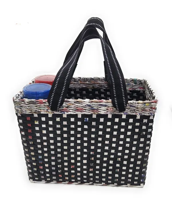 _Paperus,_Black_Check,_Large,_Lunch_Bag_with_2_Water_Bottle_Holders,_Picnic_Basket,_Travel_Bag,_Eco-Friendly,_Handmade,_of_Paper_Ropes,_Length_14”,_Height_11”_&_7_Inch_Broad_Base