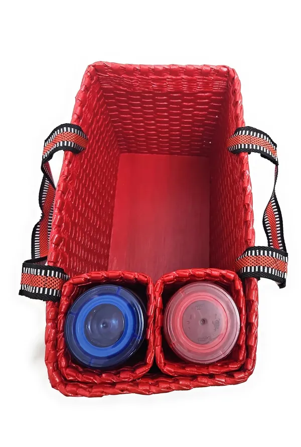 Sonas_Creation_Paperus,_Red,_Large,_Lunch_Bag_with_2_Water_Bottle_Holders,_Tiffin_Basket,_Picnic_Basket,_Travel_Bag,_Eco-Friendly,_Handmade,_of_Paper_Ropes,_Length_14”,_Height_11”_&_7_Inch_Broad_Base