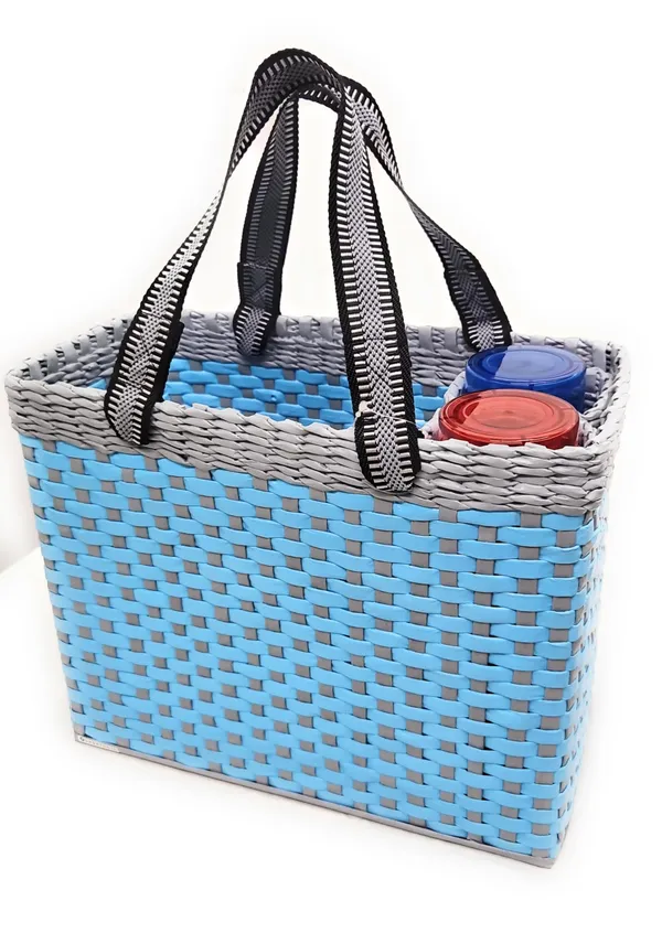 _Paperus,_Sky_Blue_&_Grey,_Large,_Lunch_Bag_with_2_Water_Bottle_Holders,_Picnic_Basket,_Travel_Bag,_Eco-Friendly,_Handmade,_of_Paper_Ropes,_Length_14”,_Height_11”_&_7_Inch_Broad_Base