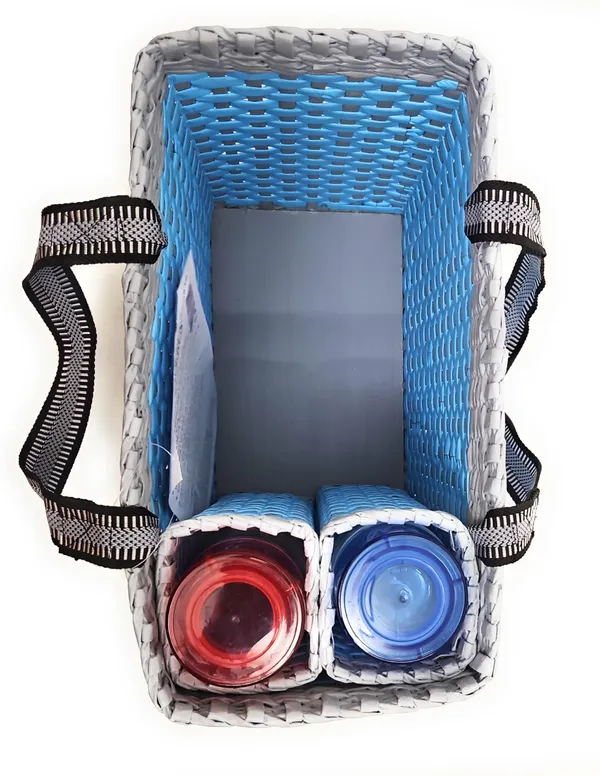 _Paperus,_Sky_Blue_&_Grey,_Large,_Lunch_Bag_with_2_Water_Bottle_Holders,_Picnic_Basket,_Travel_Bag,_Eco-Friendly,_Handmade,_of_Paper_Ropes,_Length_14”,_Height_11”_&_7_Inch_Broad_Base