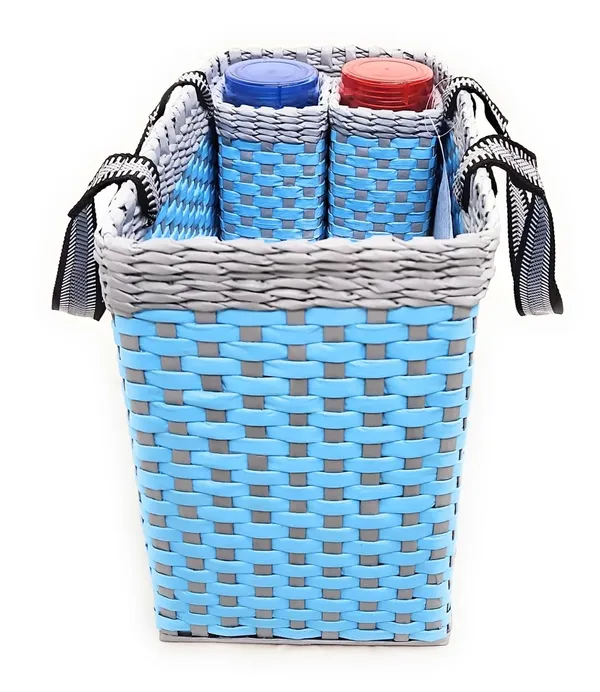 Sonas_Creation_Paperus,_Sky_Blue_&_Grey,_Large,_Lunch_Bag_with_2_Water_Bottle_Holders,_Picnic_Basket,_Travel_Bag,_Eco-Friendly,_Handmade,_of_Paper_Ropes,_Length_14”,_Height_11”_&_7_Inch_Broad_Base
