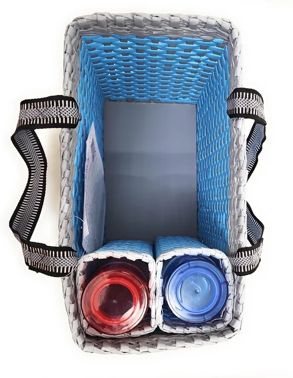 Sonas_Creation_Paperus,_Sky_Blue_&_Grey,_Large,_Lunch_Bag_with_2_Water_Bottle_Holders,_Picnic_Basket,_Travel_Bag,_Eco-Friendly,_Handmade,_of_Paper_Ropes,_Length_14”,_Height_11”_&_7_Inch_Broad_Base