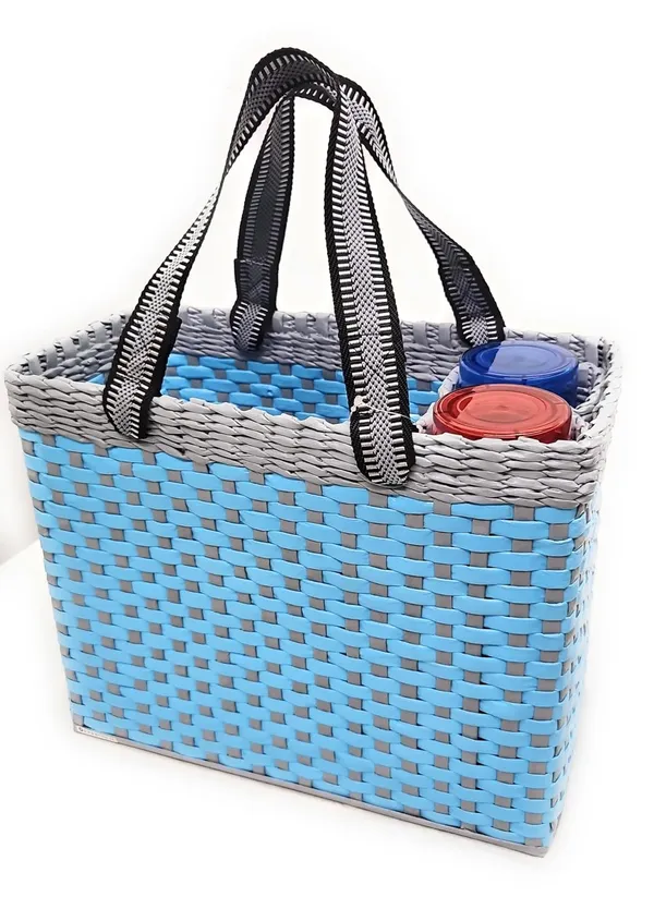 Sonas_Creation_Paperus,_Sky_Blue_&_Grey,_Large,_Lunch_Bag_with_2_Water_Bottle_Holders,_Picnic_Basket,_Travel_Bag,_Eco-Friendly,_Handmade,_of_Paper_Ropes,_Length_14”,_Height_11”_&_7_Inch_Broad_Base