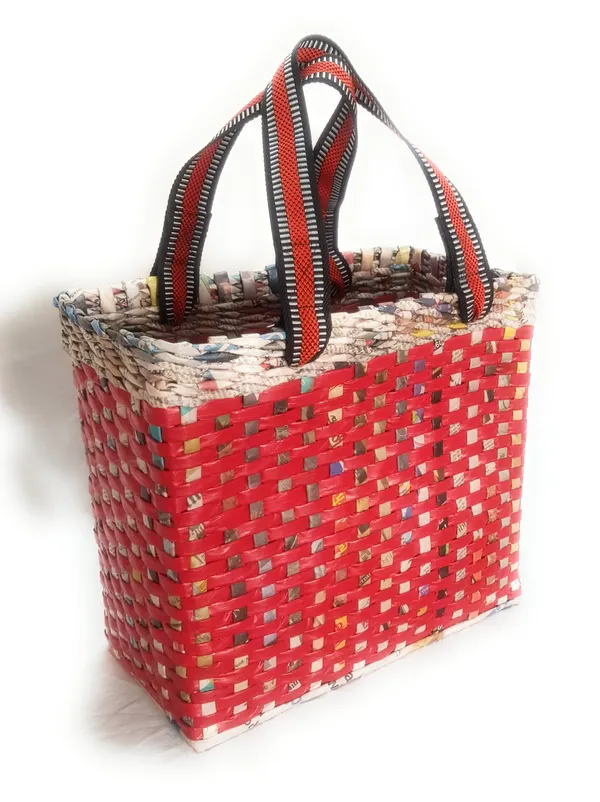 Sonas_Creation_Paperus,_MEDIUM,_Red_Check,_Lunch_Bag,_Picnic_Basket,_Handbag,_Carry_Bag,_Tiffin_Basket_for_Office,_Eco-Friendly,_Handmade,_of_Paper_Ropes,_6"_Wide_Base_11"_Height_12"_Length,_10_Liters