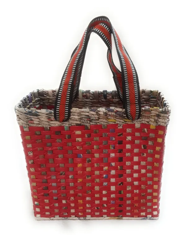 Sonas_Creation_Paperus,_MEDIUM,_Red_Check,_Lunch_Bag,_Picnic_Basket,_Handbag,_Carry_Bag,_Tiffin_Basket_for_Office,_Eco-Friendly,_Handmade,_of_Paper_Ropes,_6"_Wide_Base_11"_Height_12"_Length,_10_Liters