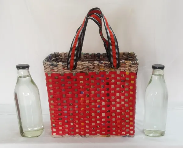 Sonas_Creation_Paperus,_MEDIUM,_Red_Check,_Lunch_Bag,_Picnic_Basket,_Handbag,_Carry_Bag,_Tiffin_Basket_for_Office,_Eco-Friendly,_Handmade,_of_Paper_Ropes,_6"_Wide_Base_11"_Height_12"_Length,_10_Liters