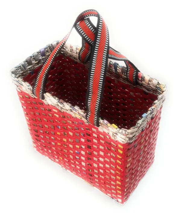 Sonas_Creation_Paperus,_MEDIUM,_Red_Check,_Lunch_Bag,_Picnic_Basket,_Handbag,_Carry_Bag,_Tiffin_Basket_for_Office,_Eco-Friendly,_Handmade,_of_Paper_Ropes,_6"_Wide_Base_11"_Height_12"_Length,_10_Liters