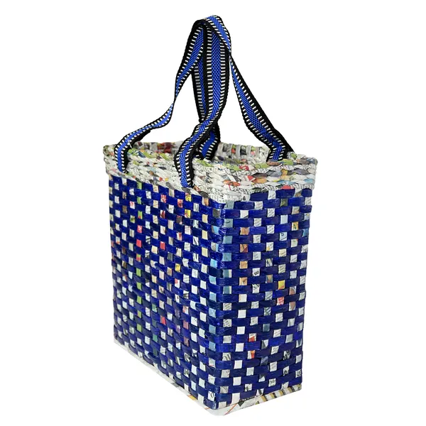 Sonas_Creation_Paperus_Re-usable_Small_Blue_Check_Tote,_Carry_Bag,_Shopping_Bag,_Handbag,_Tiffin_Basket,_Lunch_Bag,_Eco-friendly_Handmade_of_Paper_Ropes_11_In_Tall_10_In_Length_5_In_Wide_Base