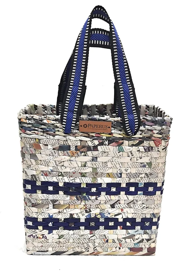 Paperus_Sonas_Creation,_SMALL,_COMPACT,_Blue_Stripes,_Lunch_Bag,_Carry_Bag,_Shopping_Bag,_Handbag,_Tiffin_Bag,_Eco-friendly,_Handmade,_of_Paper_Ropes_11_In_Tall_10_In_Length_5_In_Wide_Base