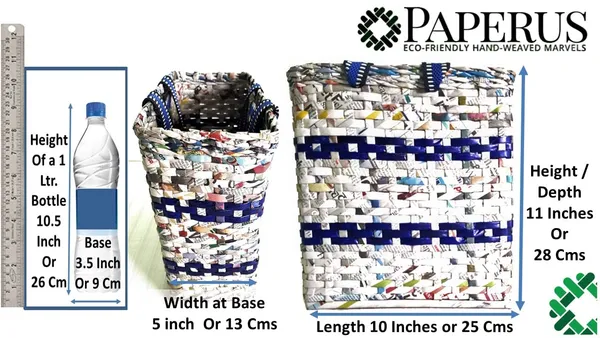 Paperus_Sonas_Creation,_SMALL,_COMPACT,_Blue_Stripes,_Lunch_Bag,_Carry_Bag,_Shopping_Bag,_Handbag,_Tiffin_Bag,_Eco-friendly,_Handmade,_of_Paper_Ropes_11_In_Tall_10_In_Length_5_In_Wide_Base
