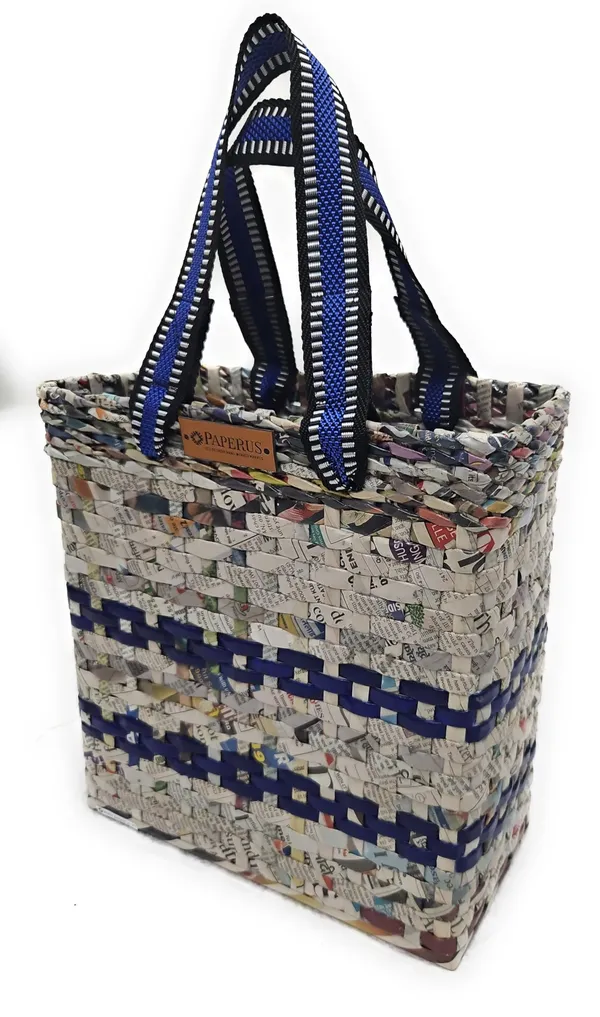 Paperus_Sonas_Creation,_SMALL,_COMPACT,_Blue_Stripes,_Lunch_Bag,_Carry_Bag,_Shopping_Bag,_Handbag,_Tiffin_Bag,_Eco-friendly,_Handmade,_of_Paper_Ropes_11_In_Tall_10_In_Length_5_In_Wide_Base