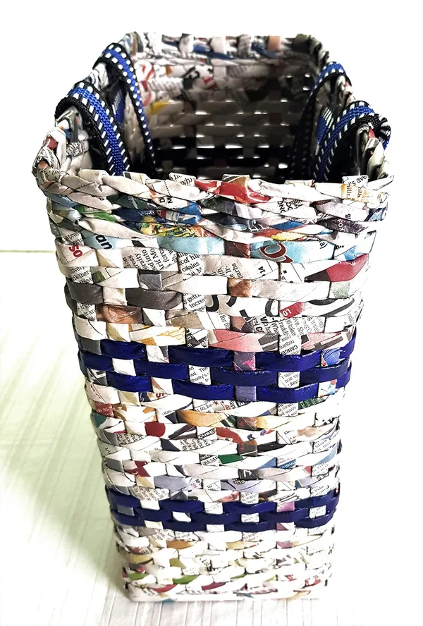 Paperus_Sonas_Creation,_SMALL,_COMPACT,_Blue_Stripes,_Lunch_Bag,_Carry_Bag,_Shopping_Bag,_Handbag,_Tiffin_Bag,_Eco-friendly,_Handmade,_of_Paper_Ropes_11_In_Tall_10_In_Length_5_In_Wide_Base