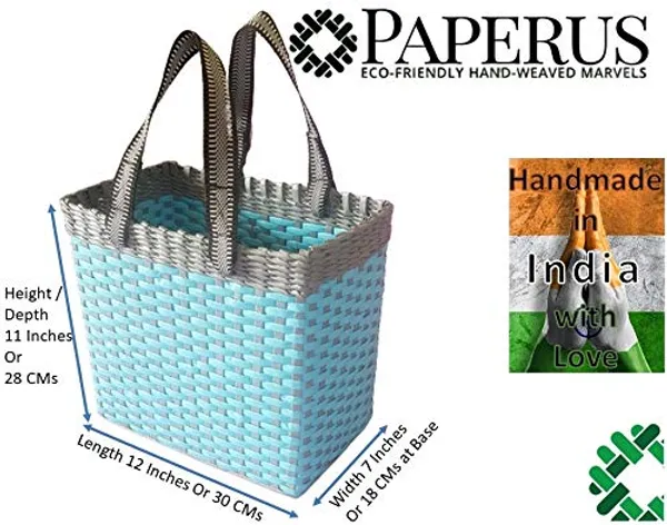 PAPERUS_Sonas_Creation,_Sky_Blue_&_Grey,_Lunch_Bag_for_Office,_Tiffin_Basket,_Picnic_Basket,_Handbag_for_Lunchbox,_Eco-Friendly,_Handmade,_of_Paper_Ropes,_11”_Tall,_12“_Length,_7”_Wide_Base_in_Inches