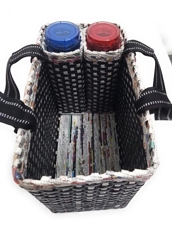 Sonas_Creation_Paperus,_Black_Check,_Large,_Lunch_Bag_with_2_Water_Bottle_Holders,_Picnic_Basket,_Travel_Bag,_Eco-Friendly,_Handmade,_of_Paper_Ropes,_Length_14â€,_Height_11â€_&_7_Inch_Broad_Base