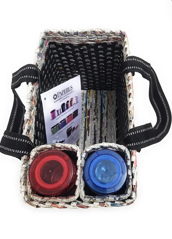 Sonas_Creation_Paperus,_Black_Check,_Large,_Lunch_Bag_with_2_Water_Bottle_Holders,_Picnic_Basket,_Travel_Bag,_Eco-Friendly,_Handmade,_of_Paper_Ropes,_Length_14â€,_Height_11â€_&_7_Inch_Broad_Base