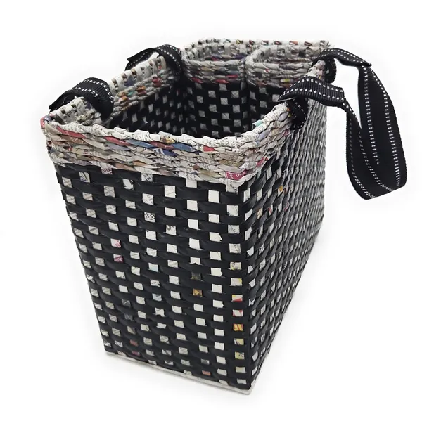 Sonas_Creation_Paperus,_Black_Check,_Large,_Lunch_Bag_with_2_Water_Bottle_Holders,_Picnic_Basket,_Travel_Bag,_Eco-Friendly,_Handmade,_of_Paper_Ropes,_Length_14â€,_Height_11â€_&_7_Inch_Broad_Base