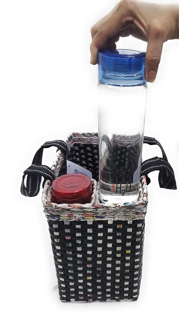 Sonas_Creation_Paperus,_Black_Check,_Large,_Lunch_Bag_with_2_Water_Bottle_Holders,_Picnic_Basket,_Travel_Bag,_Eco-Friendly,_Handmade,_of_Paper_Ropes,_Length_14â€,_Height_11â€_&_7_Inch_Broad_Base