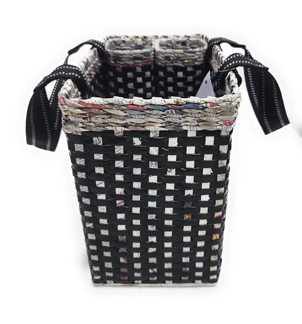Sonas_Creation_Paperus,_Black_Check,_Large,_Lunch_Bag_with_2_Water_Bottle_Holders,_Picnic_Basket,_Travel_Bag,_Eco-Friendly,_Handmade,_of_Paper_Ropes,_Length_14”,_Height_11”_&_7_Inch_Broad_Base