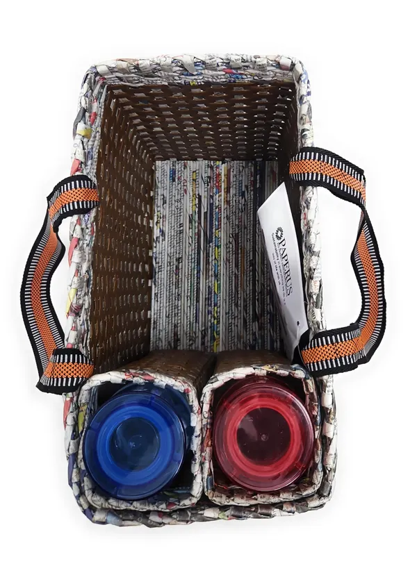 Sonas_Creation_Paperus,_Brown_Check,_Large,_Lunch_Bag_with_2_Bottle_Holders,_Picnic_Basket,_Travel_Bag,_Eco-Friendly,_Handmade,_of_Paper_Ropes,_Length_14â€,_Height_11â€_&_7_Inch_Broad_Base