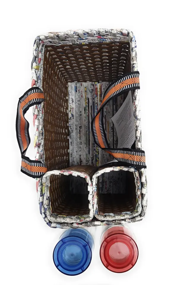 Sonas_Creation_Paperus,_Brown_Check,_Large,_Lunch_Bag_with_2_Bottle_Holders,_Picnic_Basket,_Travel_Bag,_Eco-Friendly,_Handmade,_of_Paper_Ropes,_Length_14”,_Height_11”_&_7_Inch_Broad_Base