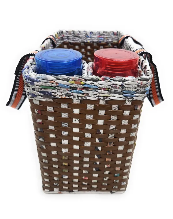 Sonas_Creation_Paperus,_Brown_Check,_Large,_Lunch_Bag_with_2_Bottle_Holders,_Picnic_Basket,_Travel_Bag,_Eco-Friendly,_Handmade,_of_Paper_Ropes,_Length_14”,_Height_11”_&_7_Inch_Broad_Base